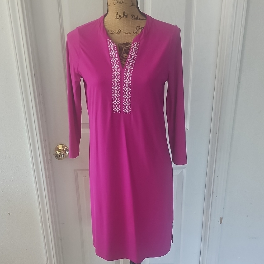 Lands' End Pink Embellished Sheath Dress with 3/4 Sleeves
